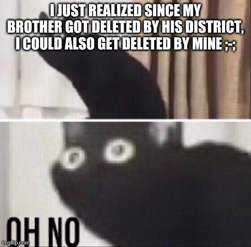 Oh no cat | I JUST REALIZED SINCE MY BROTHER GOT DELETED BY HIS DISTRICT, I COULD ALSO GET DELETED BY MINE ;-; | image tagged in oh no cat | made w/ Imgflip meme maker