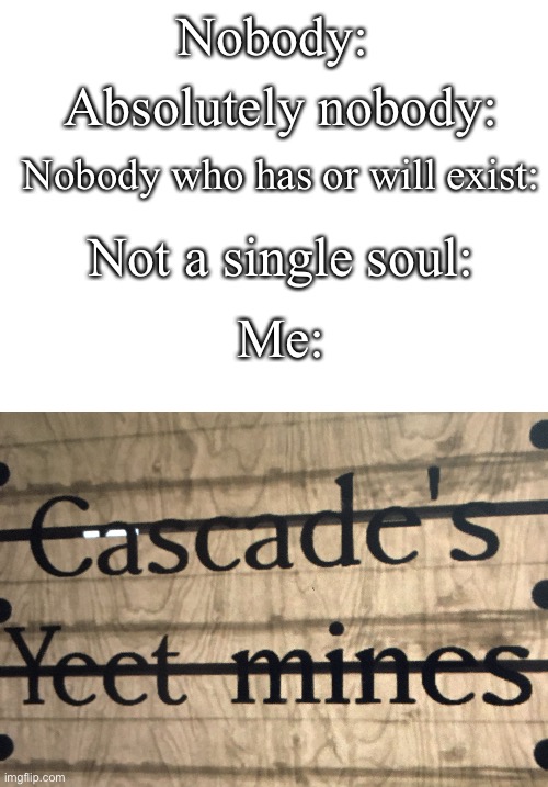 *wheeze* | Nobody:; Absolutely nobody:; Nobody who has or will exist:; Not a single soul:; Me: | image tagged in blank white template | made w/ Imgflip meme maker