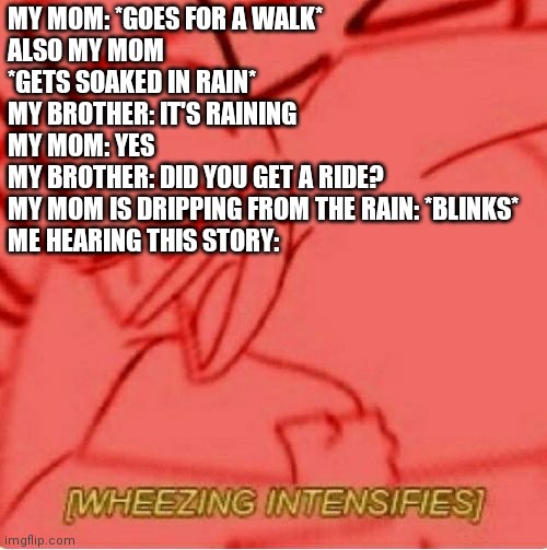 MY BROTHER IS LITERALLY GOING TO BE 19 IN JUNE | MY MOM: *GOES FOR A WALK*
ALSO MY MOM *GETS SOAKED IN RAIN*
MY BROTHER: IT'S RAINING 
MY MOM: YES
MY BROTHER: DID YOU GET A RIDE?
MY MOM IS DRIPPING FROM THE RAIN: *BLINKS*
ME HEARING THIS STORY: | image tagged in wheeze | made w/ Imgflip meme maker