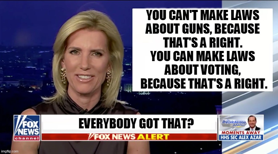 Hypocrisy, thy name is Republican. | YOU CAN'T MAKE LAWS 
ABOUT GUNS, BECAUSE 
THAT'S A RIGHT. 
YOU CAN MAKE LAWS 
ABOUT VOTING, 
BECAUSE THAT'S A RIGHT. EVERYBODY GOT THAT? | image tagged in laura ingraham is a blank,laws,guns,voting | made w/ Imgflip meme maker