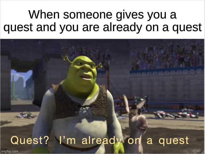 Quest? I'm already on a quest | When someone gives you a quest and you are already on a quest | image tagged in quest i'm already on a quest | made w/ Imgflip meme maker