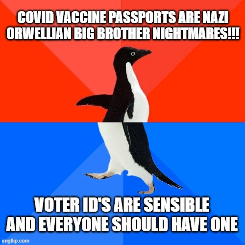 how their heads don't explode from this stuff amazes me. | COVID VACCINE PASSPORTS ARE NAZI ORWELLIAN BIG BROTHER NIGHTMARES!!! VOTER ID'S ARE SENSIBLE AND EVERYONE SHOULD HAVE ONE | image tagged in memes,socially awesome awkward penguin | made w/ Imgflip meme maker
