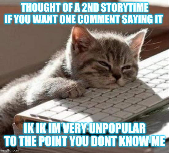 sleep cat | THOUGHT OF A 2ND STORYTIME IF YOU WANT ONE COMMENT SAYING IT; IK IK IM VERY UNPOPULAR TO THE POINT YOU DONT KNOW ME | image tagged in sleep cat | made w/ Imgflip meme maker
