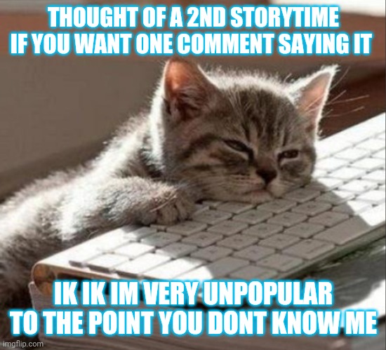 sleep cat | THOUGHT OF A 2ND STORYTIME IF YOU WANT ONE COMMENT SAYING IT; IK IK IM VERY UNPOPULAR TO THE POINT YOU DONT KNOW ME | image tagged in sleep cat | made w/ Imgflip meme maker