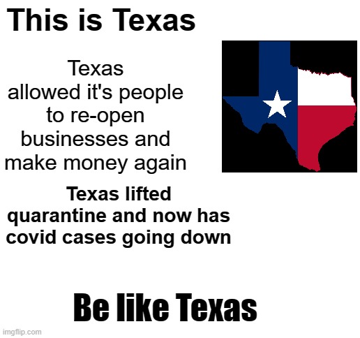 Be like Texas | This is Texas; Texas allowed it's people to re-open businesses and make money again; Texas lifted quarantine and now has covid cases going down; Be like Texas | image tagged in blank white template,texas | made w/ Imgflip meme maker