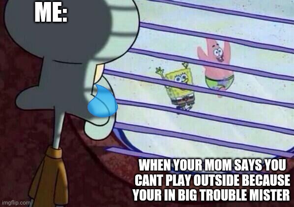 Mommmmm | ME:; WHEN YOUR MOM SAYS YOU CANT PLAY OUTSIDE BECAUSE YOUR IN BIG TROUBLE MISTER | image tagged in squidward window | made w/ Imgflip meme maker