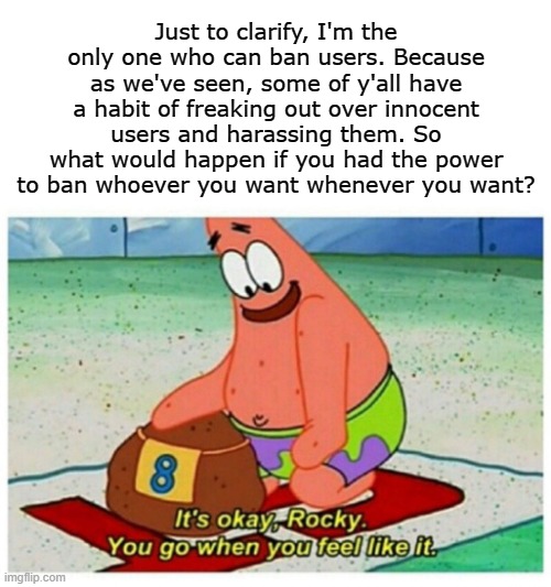 I don't know what to put for a title, I'll add something later | Just to clarify, I'm the only one who can ban users. Because as we've seen, some of y'all have a habit of freaking out over innocent users and harassing them. So what would happen if you had the power to ban whoever you want whenever you want? | image tagged in rocky patrick star | made w/ Imgflip meme maker