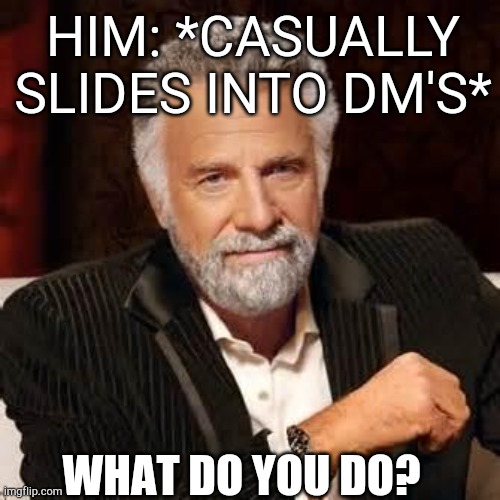 Dos Equis Guy Awesome | HIM: *CASUALLY SLIDES INTO DM'S*; WHAT DO YOU DO? | image tagged in dos equis guy awesome,casually slides into dms | made w/ Imgflip meme maker