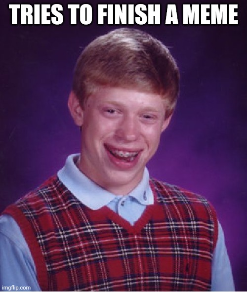 Bottem text | TRIES TO FINISH A MEME | image tagged in memes,bad luck brian | made w/ Imgflip meme maker