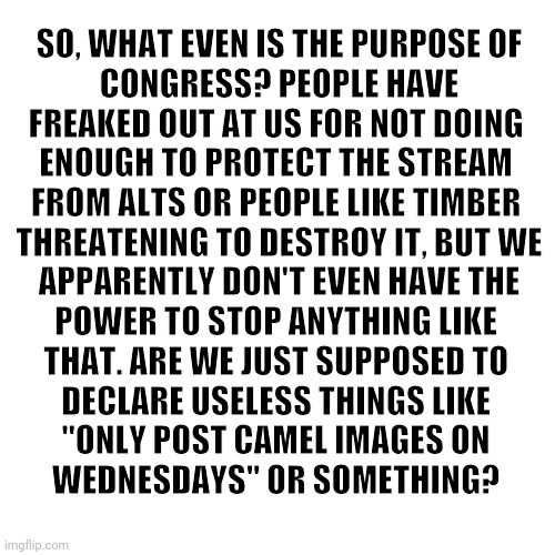 Why did I even run? | SO, WHAT EVEN IS THE PURPOSE OF
 CONGRESS? PEOPLE HAVE 
FREAKED OUT AT US FOR NOT DOING 
ENOUGH TO PROTECT THE STREAM 
FROM ALTS OR PEOPLE LIKE TIMBER 
THREATENING TO DESTROY IT, BUT WE
 APPARENTLY DON'T EVEN HAVE THE 
POWER TO STOP ANYTHING LIKE 
THAT. ARE WE JUST SUPPOSED TO 
DECLARE USELESS THINGS LIKE 
"ONLY POST CAMEL IMAGES ON 
WEDNESDAYS" OR SOMETHING? | image tagged in memes,blank transparent square | made w/ Imgflip meme maker