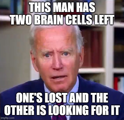 Biden | THIS MAN HAS TWO BRAIN CELLS LEFT; ONE'S LOST AND THE OTHER IS LOOKING FOR IT | image tagged in slow joe biden dementia face | made w/ Imgflip meme maker
