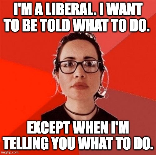 Liberal Douche Garofalo | I'M A LIBERAL. I WANT TO BE TOLD WHAT TO DO. EXCEPT WHEN I'M TELLING YOU WHAT TO DO. | image tagged in liberal douche garofalo | made w/ Imgflip meme maker