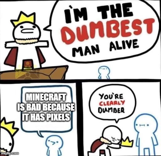 Dumbest Man Alive Blank | MINECRAFT IS BAD BECAUSE IT HAS PIXELS | image tagged in dumbest man alive blank | made w/ Imgflip meme maker