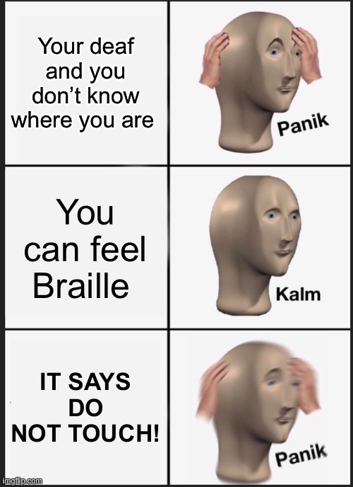 Don’t touch | Your deaf and you don’t know where you are; You can feel Braille; IT SAYS DO NOT TOUCH! | image tagged in memes,panik kalm panik | made w/ Imgflip meme maker