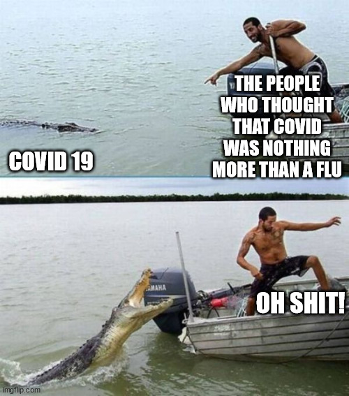 And the rest was history | THE PEOPLE WHO THOUGHT THAT COVID WAS NOTHING MORE THAN A FLU; COVID 19; OH SHIT! | image tagged in covid,corona,funny | made w/ Imgflip meme maker