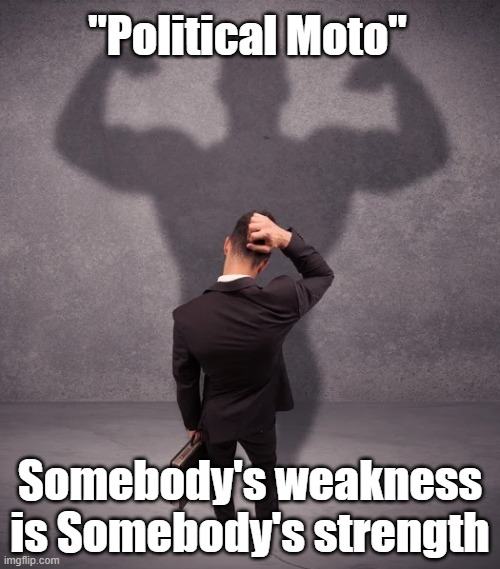 "Political Moto" | "Political Moto"; Somebody's weakness is Somebody's strength | image tagged in politics | made w/ Imgflip meme maker