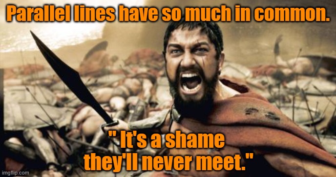 It's a shame | Parallel lines have so much in common. " It's a shame 
they'll never meet." | image tagged in memes,sparta leonidas | made w/ Imgflip meme maker