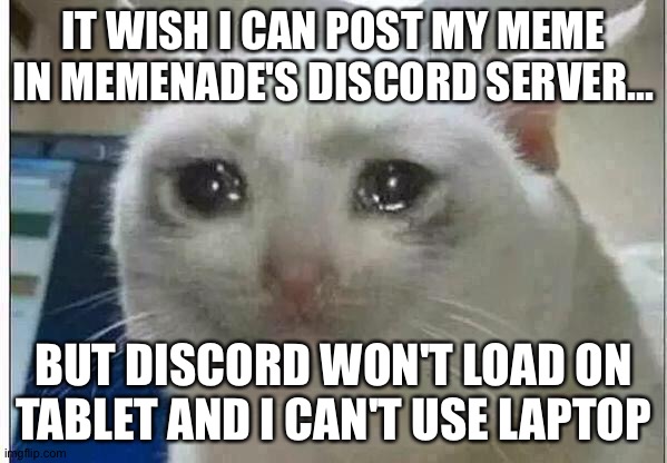 I tried posting my meme template (the one which reached front page) in memenade's discord server but it won't load on tablet...  | IT WISH I CAN POST MY MEME IN MEMENADE'S DISCORD SERVER... BUT DISCORD WON'T LOAD ON TABLET AND I CAN'T USE LAPTOP | image tagged in crying cat | made w/ Imgflip meme maker