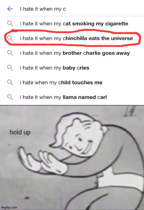 Wait... Chinchillas can eat the universe? | image tagged in fallout hold up,memes,funny,google search,gifs,not really a gif,memes | made w/ Imgflip meme maker