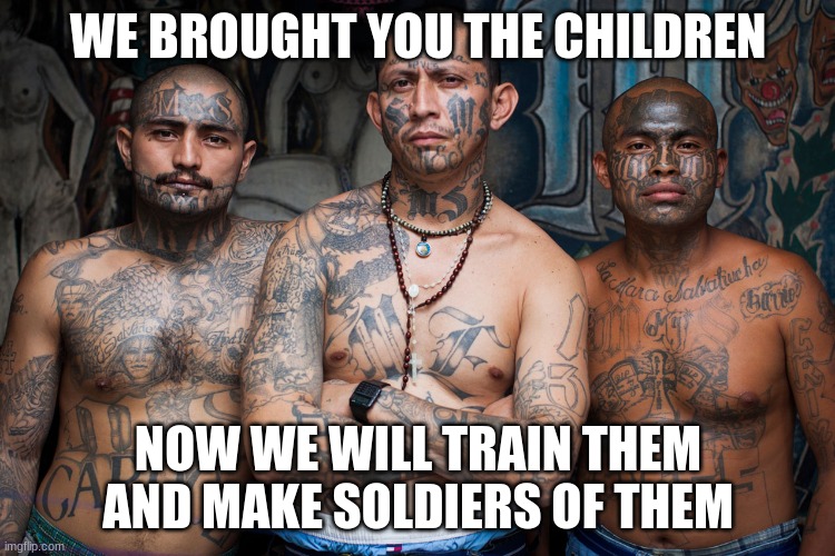 None of them came here to play | WE BROUGHT YOU THE CHILDREN; NOW WE WILL TRAIN THEM AND MAKE SOLDIERS OF THEM | image tagged in ms-13,illegals,build the wall,border crisis,biden owns this,democrat crime wave | made w/ Imgflip meme maker