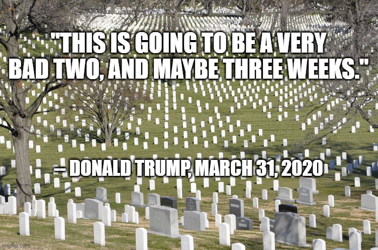 "THIS IS GOING TO BE A VERY BAD TWO, AND MAYBE THREE WEEKS."; -- DONALD TRUMP, MARCH 31, 2020 | image tagged in trump,coronavirus | made w/ Imgflip meme maker