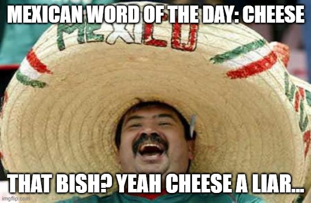 Happy Mexican | MEXICAN WORD OF THE DAY: CHEESE THAT BISH? YEAH CHEESE A LIAR... | image tagged in happy mexican | made w/ Imgflip meme maker