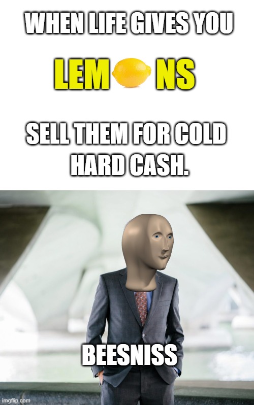 Beesniss Mun | WHEN LIFE GIVES YOU; LEM       NS; SELL THEM FOR COLD; HARD CASH. BEESNISS | image tagged in blank white template | made w/ Imgflip meme maker