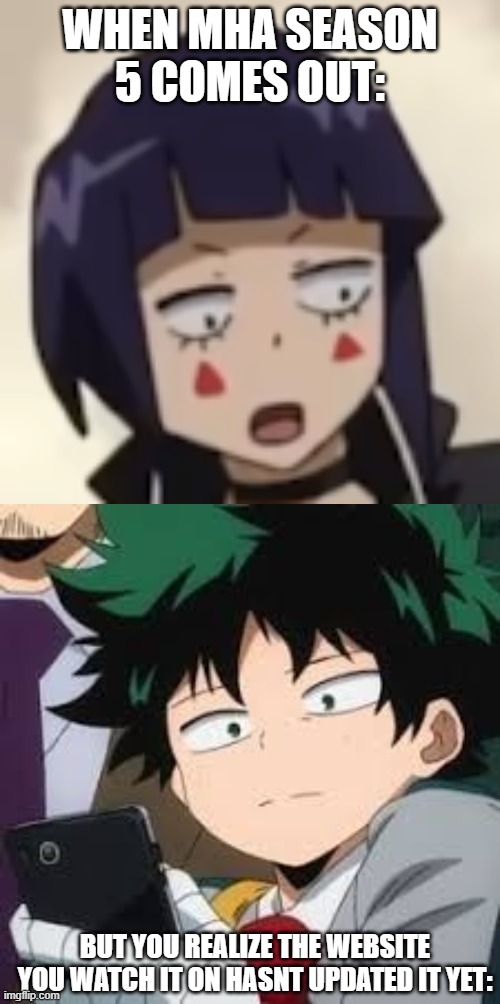 :D - :c | WHEN MHA SEASON 5 COMES OUT:; BUT YOU REALIZE THE WEBSITE YOU WATCH IT ON HASNT UPDATED IT YET: | image tagged in surprised jiro,deku dissapointed | made w/ Imgflip meme maker