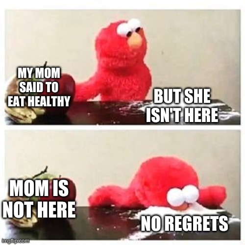 smort | MY MOM SAID TO EAT HEALTHY; BUT SHE ISN'T HERE; MOM IS NOT HERE; NO REGRETS | image tagged in elmo cocaine | made w/ Imgflip meme maker