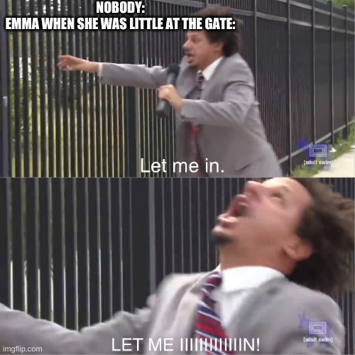 let me in | NOBODY:
EMMA WHEN SHE WAS LITTLE AT THE GATE: | image tagged in let me in | made w/ Imgflip meme maker