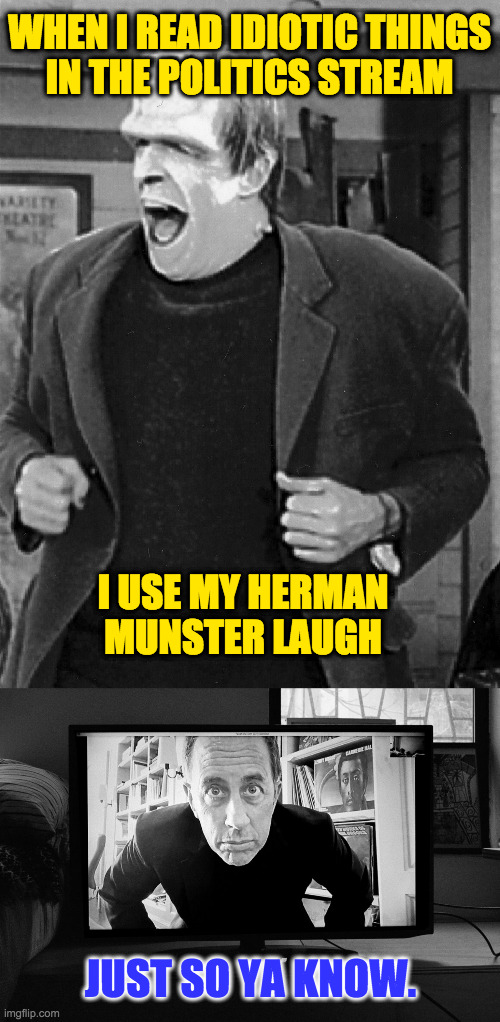 I use it a lot.  Huh huh huh! | WHEN I READ IDIOTIC THINGS
IN THE POLITICS STREAM; I USE MY HERMAN MUNSTER LAUGH; JUST SO YA KNOW. | image tagged in memes,herman munster,politics,seinfeld,just so ya know,laugh | made w/ Imgflip meme maker