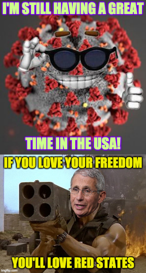 Inspired by MiniAppleIs | I'M STILL HAVING A GREAT; TIME IN THE USA! | image tagged in coronavirus,memes,covid,dr fauci,red states,freedom in the usa | made w/ Imgflip meme maker