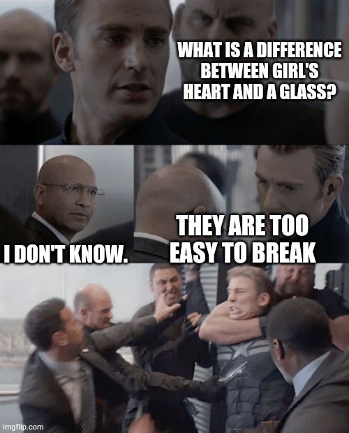 No idea for title | WHAT IS A DIFFERENCE BETWEEN GIRL'S HEART AND A GLASS? I DON'T KNOW. THEY ARE TOO EASY TO BREAK | image tagged in captain america elevator | made w/ Imgflip meme maker