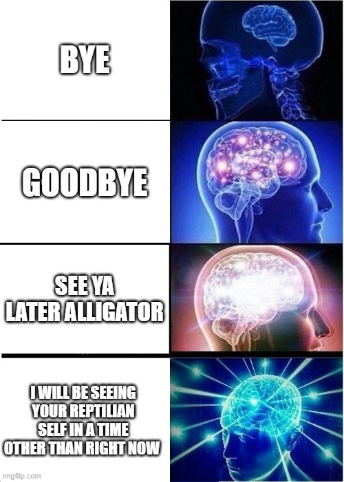 Expanding Brain | BYE; GOODBYE; SEE YA LATER ALLIGATOR; I WILL BE SEEING YOUR REPTILIAN SELF IN A TIME OTHER THAN RIGHT NOW | image tagged in memes,expanding brain,i'm 15 so don't try it,who reads these | made w/ Imgflip meme maker