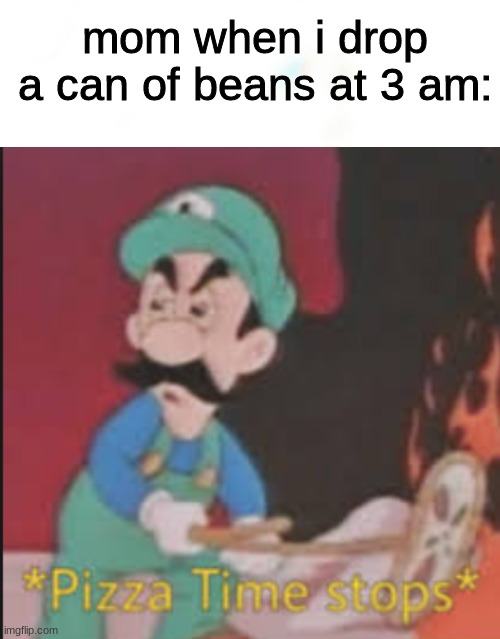 holdup a minute | mom when i drop a can of beans at 3 am: | image tagged in pizza time stops | made w/ Imgflip meme maker