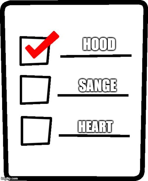 Checklist | HOOD; SANGE; HEART | image tagged in checklist,vincento | made w/ Imgflip meme maker