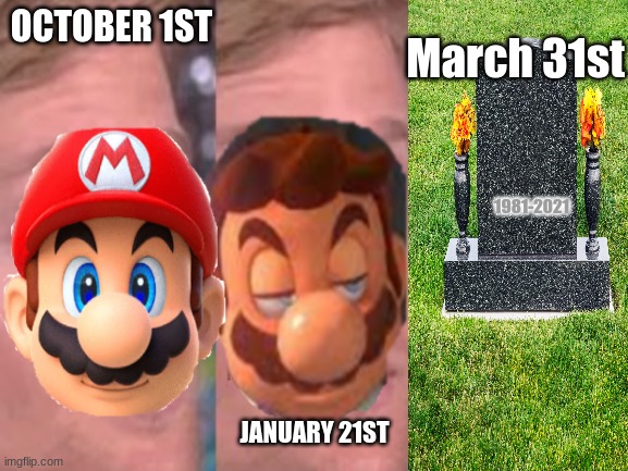 So long eh mario | March 31st; OCTOBER 1ST; 1981-2021; JANUARY 21ST | image tagged in march 31,mario,white guy blinking,funny,meme,sad | made w/ Imgflip meme maker