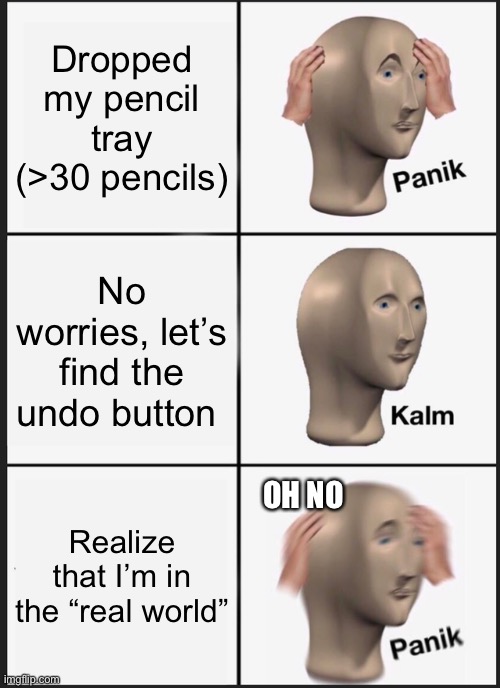 Oop- | Dropped my pencil tray (>30 pencils); No worries, let’s find the undo button; OH NO; Realize that I’m in the “real world” | image tagged in memes,panik kalm panik,oof,real life | made w/ Imgflip meme maker