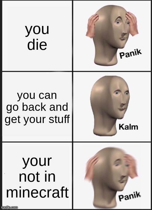 Panik Kalm Panik | you die; you can go back and get your stuff; your not in minecraft | image tagged in memes,panik kalm panik | made w/ Imgflip meme maker