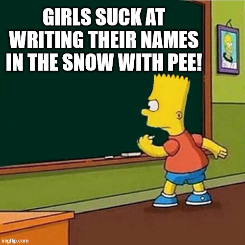 Bart Simpson writing on chalkboard | GIRLS SUCK AT WRITING THEIR NAMES IN THE SNOW WITH PEE! | image tagged in bart simpson writing on chalkboard | made w/ Imgflip meme maker