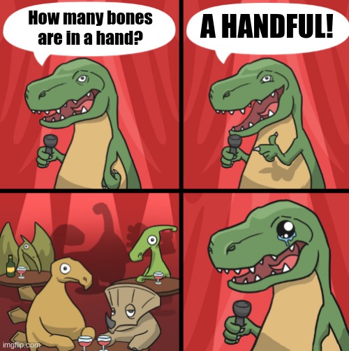 OOF....................... | A HANDFUL! How many bones are in a hand? | image tagged in bad dino joke fixed textboxes | made w/ Imgflip meme maker