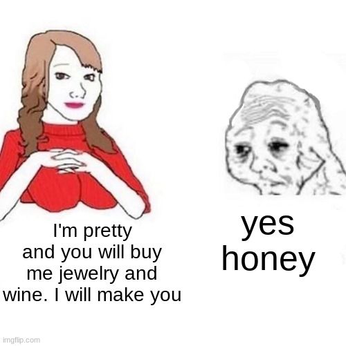 Yes Honey | yes honey; I'm pretty and you will buy me jewelry and wine. I will make you | image tagged in yes honey | made w/ Imgflip meme maker