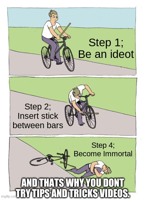 Hmmm lookin kinda sus now huh? | Step 1; Be an ideot; Step 2; Insert stick between bars; Step 4; Become Immortal; AND THATS WHY YOU DONT TRY TIPS AND TRICKS VIDEOS. | image tagged in memes,bike fall | made w/ Imgflip meme maker