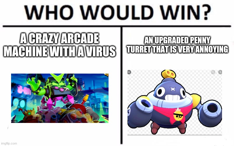 Who Would Win? | A CRAZY ARCADE MACHINE WITH A VIRUS; AN UPGRADED PENNY TURRET THAT IS VERY ANNOYING | image tagged in memes,who would win | made w/ Imgflip meme maker