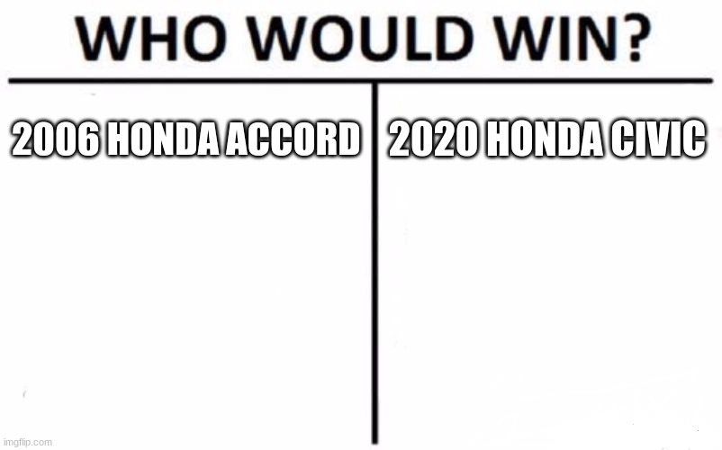Who Would Win? Meme | 2006 HONDA ACCORD; 2020 HONDA CIVIC | image tagged in memes,who would win,fun,honda,lel | made w/ Imgflip meme maker