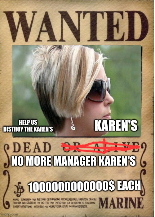 help ussss | KAREN'S; HELP US DISTROY THE KAREN'S; NO MORE MANAGER KAREN'S; 1000000000000$ EACH | image tagged in one piece wanted poster template | made w/ Imgflip meme maker