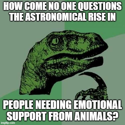 Philosoraptor | HOW COME NO ONE QUESTIONS THE ASTRONOMICAL RISE IN; PEOPLE NEEDING EMOTIONAL SUPPORT FROM ANIMALS? | image tagged in memes,philosoraptor | made w/ Imgflip meme maker
