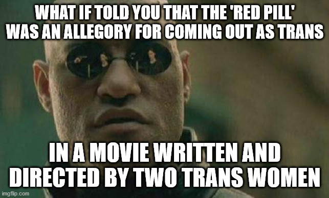 what if I told you  | WHAT IF TOLD YOU THAT THE 'RED PILL' WAS AN ALLEGORY FOR COMING OUT AS TRANS; IN A MOVIE WRITTEN AND DIRECTED BY TWO TRANS WOMEN | image tagged in what if i told you | made w/ Imgflip meme maker