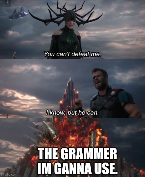 You can't defeat me | THE GRAMMER IM GANNA USE. | image tagged in you can't defeat me | made w/ Imgflip meme maker