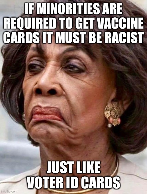 Maxine Waters | IF MINORITIES ARE REQUIRED TO GET VACCINE CARDS IT MUST BE RACIST; JUST LIKE VOTER ID CARDS | image tagged in maxine waters | made w/ Imgflip meme maker